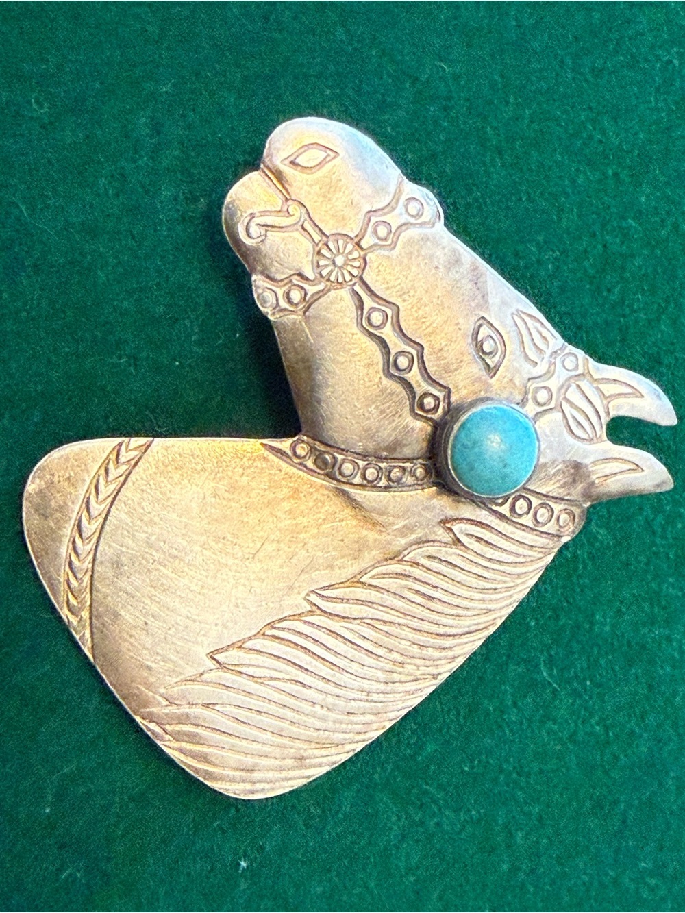 Handcrafted Silver Tone Horse Brooch with Turquoise Accent